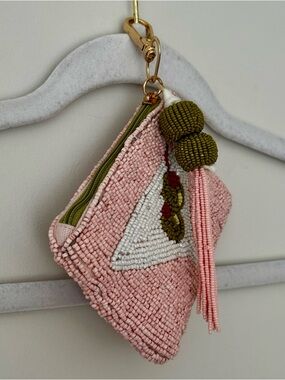 NWOT Wandering Moon Beaded Dirty Martini Olive Coin Pouch / Card Case, Pink